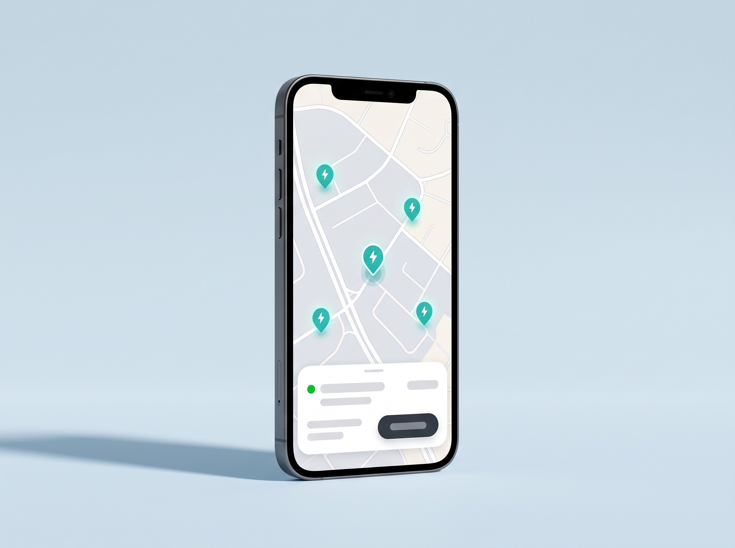 A phone showing a map of electric car chargers marked with teal pins, with a booking card at the bottom of the screen, on a pale blue background