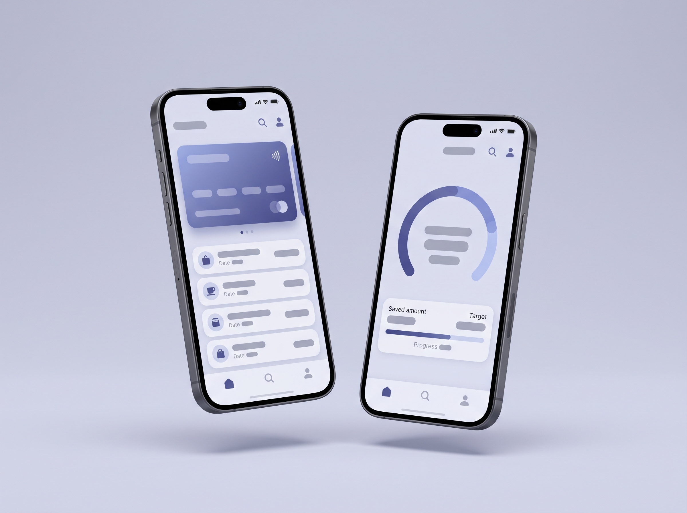 Two floating phones showing a banking app, one with a payment card and recent transactions, the other with a savings goal and a progress ring, on a lavender background