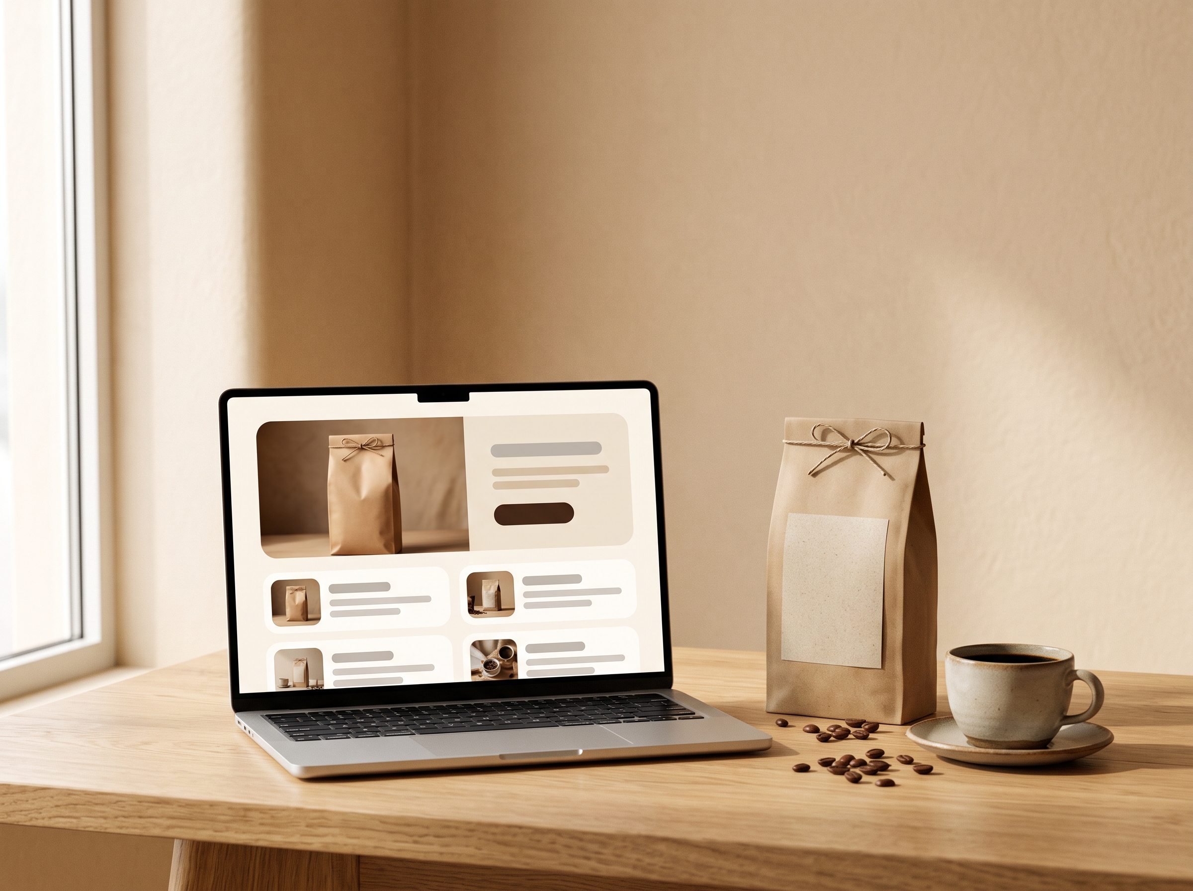 A laptop on a wooden desk showing an online coffee shop, next to a kraft paper coffee bag, scattered coffee beans and a cup of black coffee