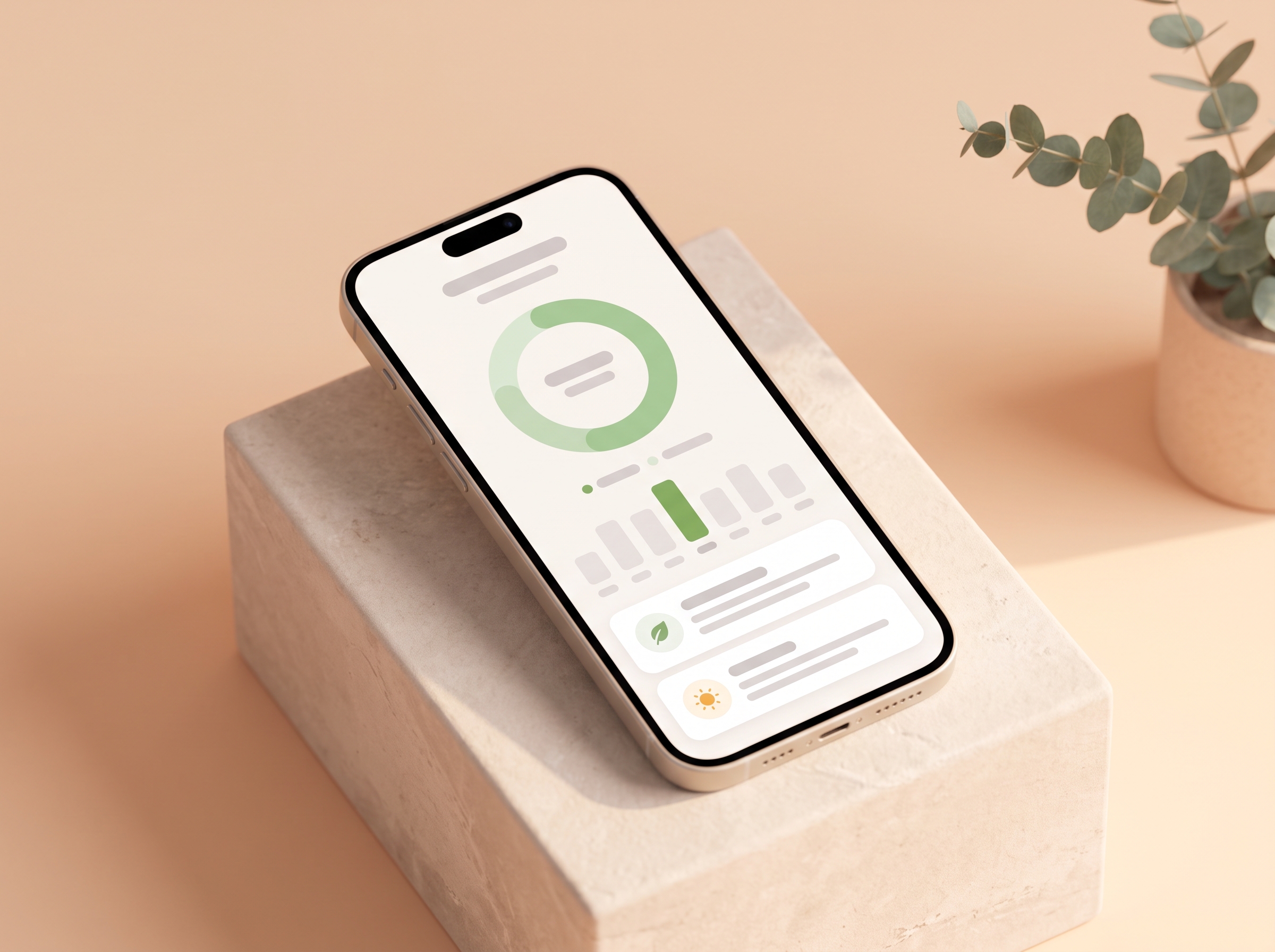 A phone on a stone block showing a home energy dashboard with a green ring chart and daily usage bars, next to a potted eucalyptus on a peach background